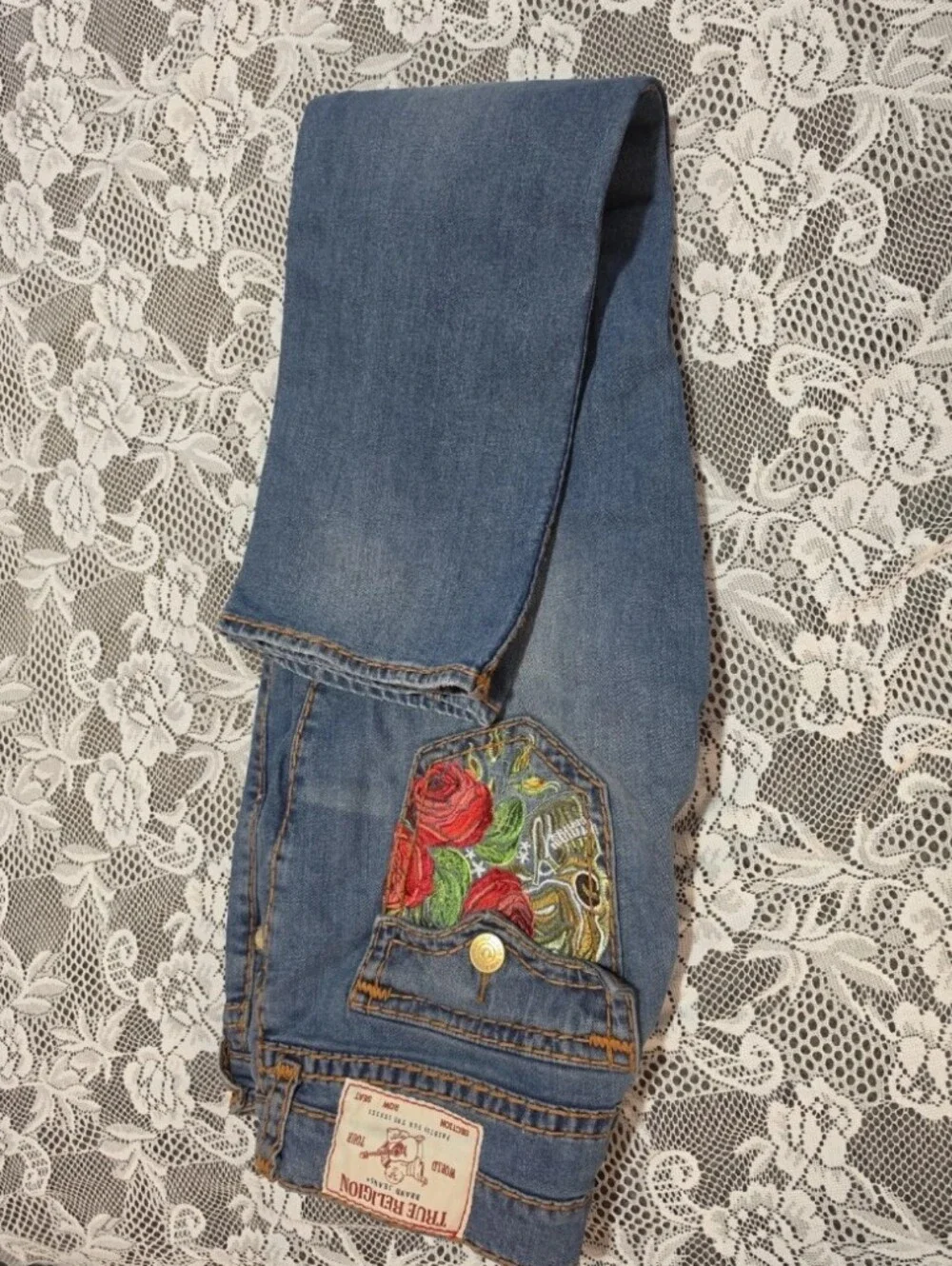 True Religion Rose Embroidered Flap Pocket Jeans 38